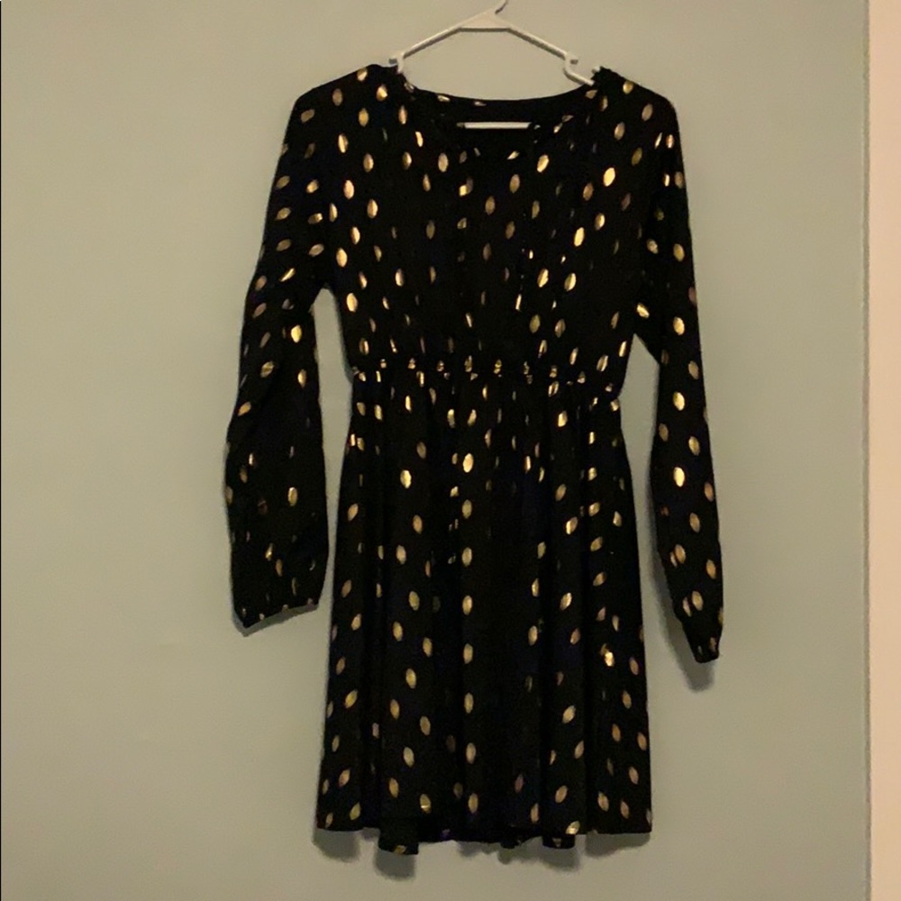 Black long sleeve dress with gold polka dots